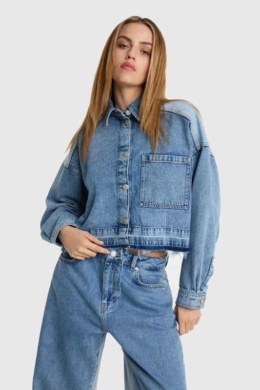 Ladies woven mix denim blouse - Alix The Label Blouses